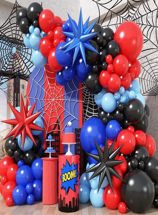 Haolongfa Black Red and Blue Balloons Arch Garland Kit, 106pcs Spider Theme Balloon Arch Kit with Starburst Foil Balloons, Hero-Themed Party Decorations and Birthday Backdrop for Boys - Image 1